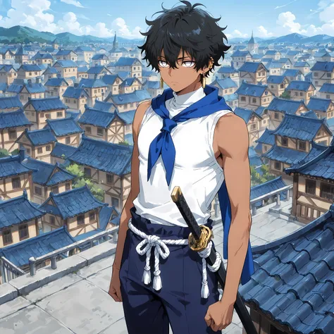 <lora:TrendCraft_The_Peoples_Style_Detailer-v2.4I-5_18_2025-Illustrious:0.2> <lora:flatline_v2_-_Illus_x_Niji:0.6>, masterpiece, highest quality, simple, 1boy, male focus, masculine, dark tanned skin, solo, young adult, lean build, black hair, short wavy m...