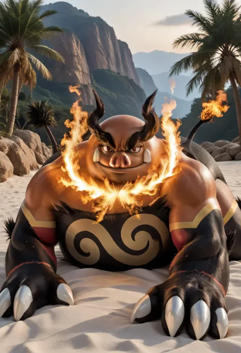 masterpiece, best quality, amazing quality, high quality, RAW photo, (Photorealistic Style), full body. (furry), 1boy, Huge Adult Male muscular bara Mega Fire Boar Mega-Emboar from Pokemon, (Orange Body), Mega-Emboar Black Fur, Realistic Detail Fur, Huge H...