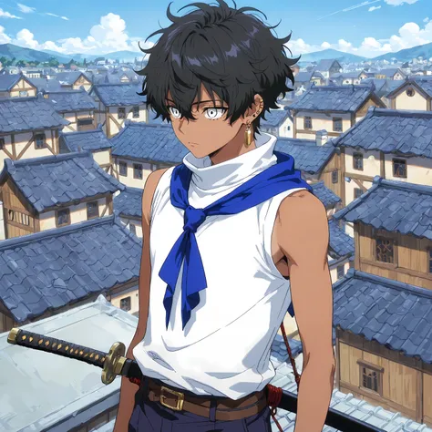 <lora:TrendCraft_The_Peoples_Style_Detailer-v2.4I-5_18_2025-Illustrious:0.2> <lora:flatline_v2_-_Illus_x_Niji:0.6>, masterpiece, highest quality, simple, 1boy, male focus, masculine, dark tanned skin, solo, young adult, adolescent, black hair, short wavy m...