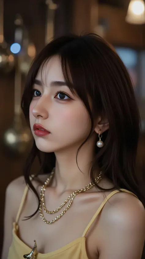 Ishikawa Ren ,An attractive woman in her 20s with wavy auburn hair and red lipstick、vintage wood elements,
woman watching the sunset at the seaside with, 3/4 views from the right. Her elegant yellow dress、they capture colorful RGB lighting from an overhea...