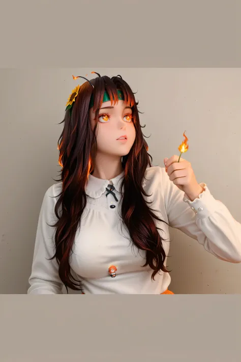 masterpiece, Highest quality, amazing quality, perfect face, the highest resolution, anime style, hentai anime style, 3DCG style, 1girl, Alone, (chibi), sandori, Sun Girl, fiery hair, red and orange hair, messy hair, short hair, soft and wavy hair, sunflow...