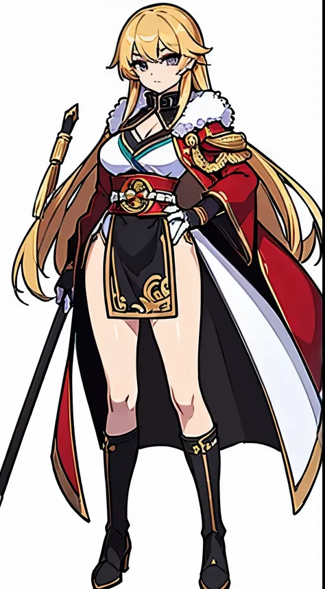 (((Top quality))) , ((full body)), female,  References , alone, (white background),  catching a cane , Portrait with a coat of gloves , Three Kingdoms costume , Chest exposure, side slit skirt,