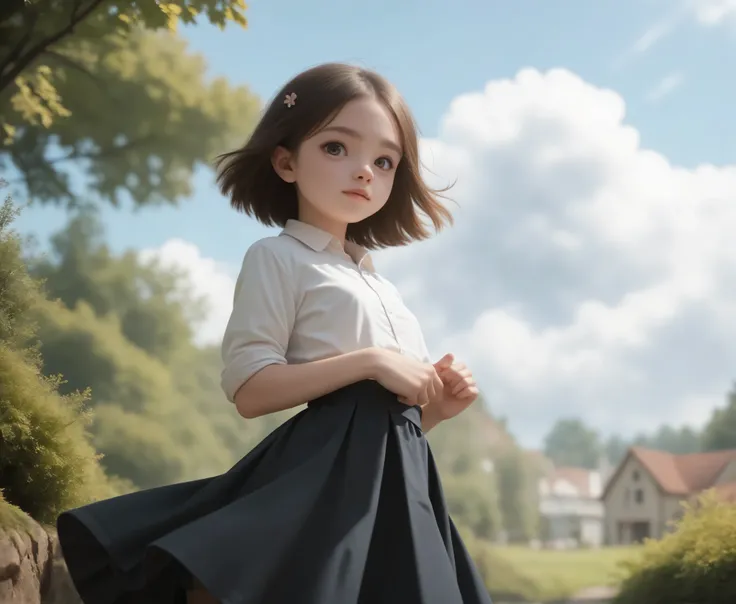 (Biological Corpse Factory),(big boobs:-0.46),Look at the audience,(skinny:1.21),(smile:0.42),(younger:1.30),maids,from below,に付けたblack lace stockings,(The wind is rolling up the girl's skirt:1.5),black lace stockings