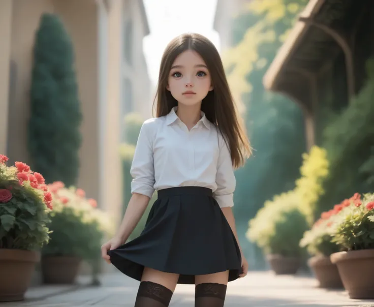 (Biological Corpse Factory),(big boobs:-0.46),Look at the audience,(skinny:1.21),(smile:0.42),(younger:1.30),maids,from below,に付けたblack lace stockings,(The wind is rolling up the girl's skirt:1.5),black lace stockings