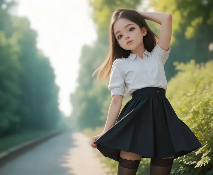 (Biological Corpse Factory),(big boobs:-0.46),Look at the audience,(skinny:1.21),(smile:0.42),(younger:1.30),maids,from below,に付けたblack lace stockings,(The wind is rolling up the girl's skirt:1.5),black lace stockings