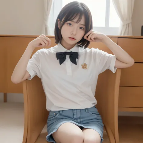 1girl,レッグup,かわいいyounger女の子,(pointing left hand_Herself:1.5),slender,(skinny:1.5),(toddler wearing top_body:0.1),(younger:1.0),pussy,score_7_ up,score_8_ up,score_9,Navy Skirt,taken from below,(Open both legs to the side:1.5),(Expressions of joy and satisfa...