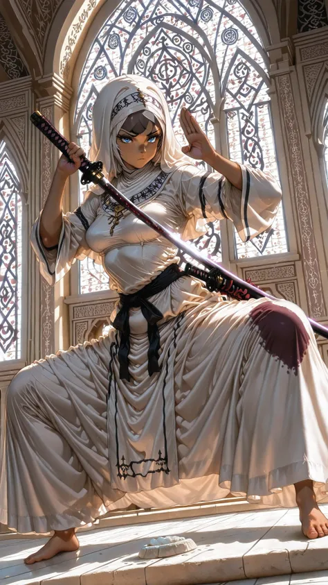 masterpiece,Highest Quality,high resolution,super detailed,8K,(masterpiece, detailed:1.2), addmicrodetails,Diagonal Composition,1 girl,(blue eyes),Sharp Eyes,Brown skin,(Muslim costume that conceals anything but hands and eyes:1.3),(katana),(Fighting pose ...