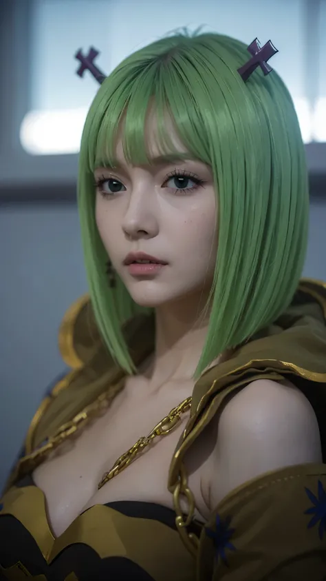 Half-body portrait of Brandish μ from Fairy Tail, ultra-realistic and highly detailed style, lifelike skin texture, expressive green eyes, soft blonde hair with green tips, wearing her revealing white outfit with green accents, calm and confident expressio...