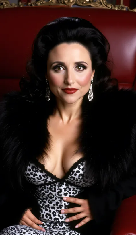Julia Louis-Dreyfus as Cruella de Vil, cinematic, hyper-realistic cowboy shot, glamorous femme fatale style, wears form-fitting high-fashion black-and-white mini gown, bold patterns, dramatic fur accents, elegant and striking makeup, red lipstick, winged e...