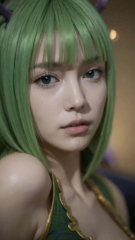 Half-body portrait of Brandish μ from Fairy Tail, ultra-realistic and highly detailed style, lifelike skin texture, expressive green eyes, soft blonde hair with green tips, wearing her revealing white outfit with green accents, calm and confident expressio...