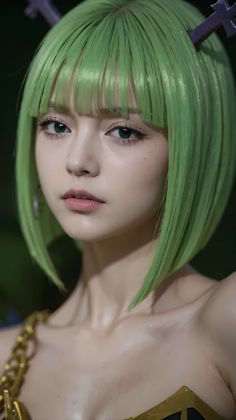 Half-body portrait of Brandish μ from Fairy Tail, ultra-realistic and highly detailed style, lifelike skin texture, expressive green eyes, soft blonde hair with green tips, wearing her revealing white outfit with green accents, calm and confident expressio...