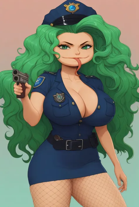  score_9 , score_8_up , score_7_up , masterpiece , best quality , highly detailed, BoaSandersoniaOP, 1girl, solo, tall woman, disproportionately large head, wide head, green hair, long hair, wavy hair, green eyes, wide mouth, long forked tongue, tongue out...