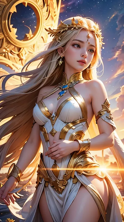 "Maiden of the Sun": Within a sacred sanctuary bathed in sunlight, depict the figure of a sun goddess, facing forward and emanating divine radiance, with golden hair, as she gazes towards us. Zoom in to focus on her face, with light orbs gleaming in her ha...