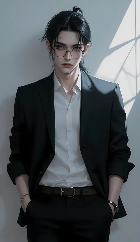 Young man, Japanese man in his 20s, male, wild face, strong glare, cool pose, dynamic pose, stylish pose, candid from far, working as cameraman, working, (long hair:1.2, ponytail:1.2, forehead, sidelocks, leftside undercut, black hair), blue eyes, long eye...