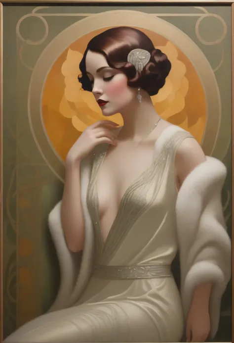 captivating oil painting focusing on the theme of a sensual woman, deeply influenced by the elegance of Art Deco, the organic forms of Art Nouveau, 1920s
