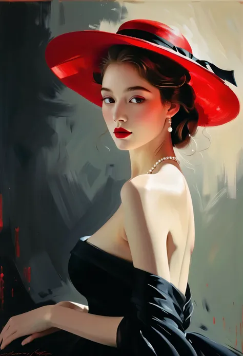 Create a sensual illustration using the chiaroscuro technique, depicting an elegant standing girl, adorned with a refined red hat. This vintage beauty exudes glamour and sophistication, with a flowing and ethereal drape that enhances her graceful dress. Th...