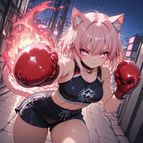 ,soft light, anime, 2d, lineless art,fighting stance, Alone, aura,,a beautiful athletic girl wearing sportswear and boxing gloves in combat pose, with cat ears and tail Nekomimi, contemporary urban city environment, highlights, dramatic lighting effects, d...