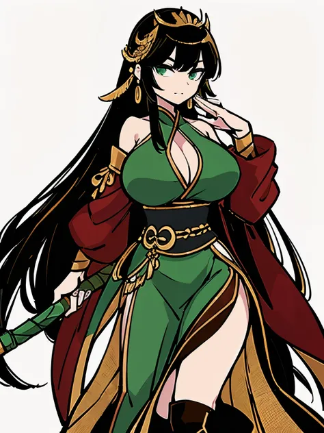 ((Top quality))) , ((full body)), female, References , alone, (white background), catching a cane ,Chinese Three Kingdoms costumes, Chest exposure, Big breasts, side slit skirt, Girl in a green costume ,