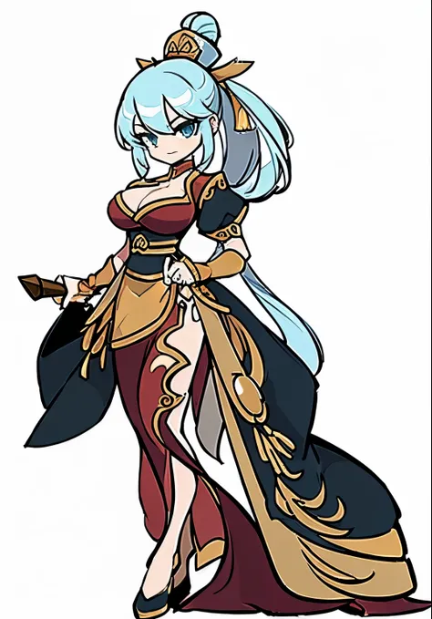 ((Top quality))) , ((full body)), female,  References , alone, (white background),  catching a cane ,Chinese Three Kingdoms costumes, Chest exposure, Big breasts, side slit skirt, 