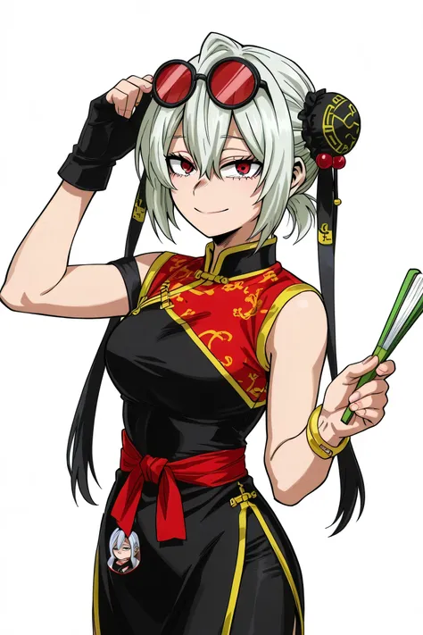 boku_no_hero_academia_style,score_9_up, score_8_up, BREAK, KungFuUniform, multiple girls, 2girls, hair, long hair, red eyes, chinese clothes, mature, white background, dress, no pants, black footwear, mature, smile, hair between eyes, wife, full body, hold...