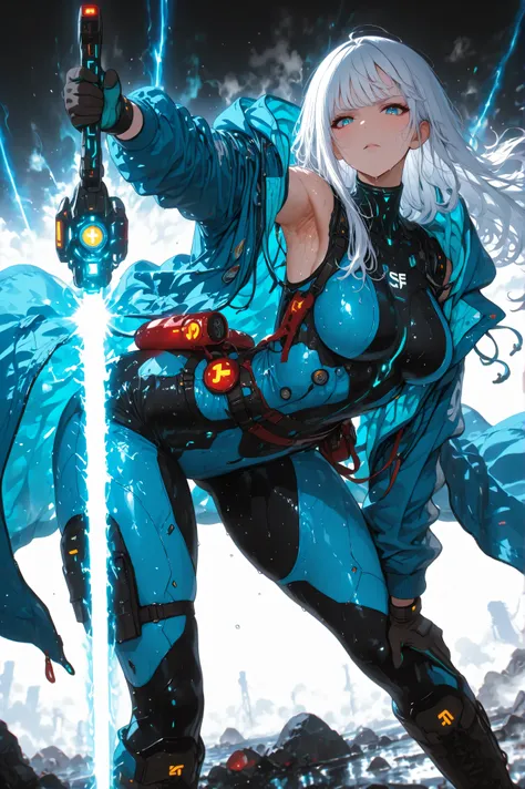 masterpiece, best quality, 8k, 1girl, SF character, bent over, legs apart, light blue protective suit, (wind blows), glove, boots, curvy body, medium breasts, long coat with hoodie, long hairstyle, thin white hair, many items, dramatic atmosphere, intricat...