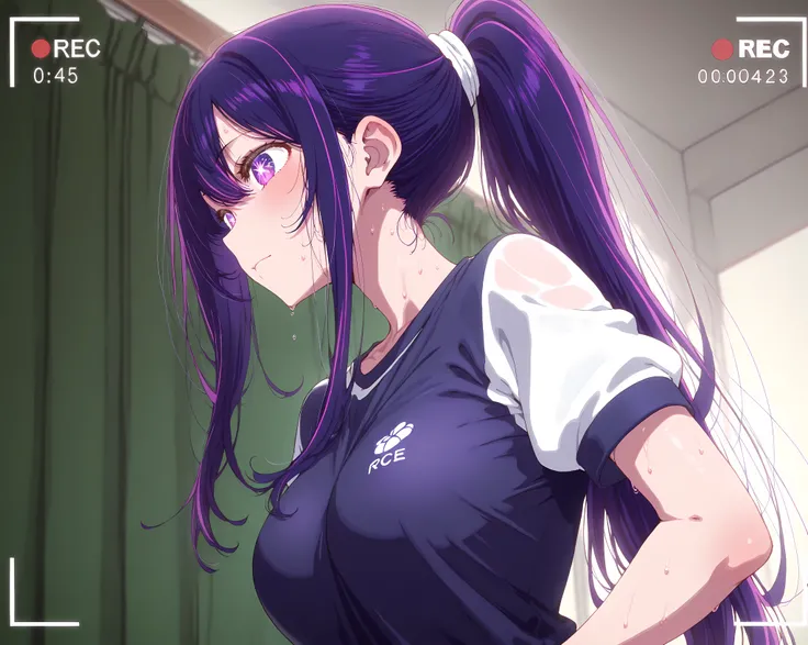 ​masterpiece、ighly detailed、1 girl、busty、purple color  hair、ponytail hair、habit 、recording、clothes 、track 、sweat 、8K、hoshino ai、