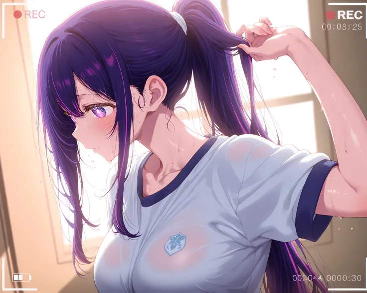 ​masterpiece、ighly detailed、1 girl、busty、purple color  hair、ponytail hair、habit 、recording、clothes 、track 、sweat 、8K、hoshino ai、