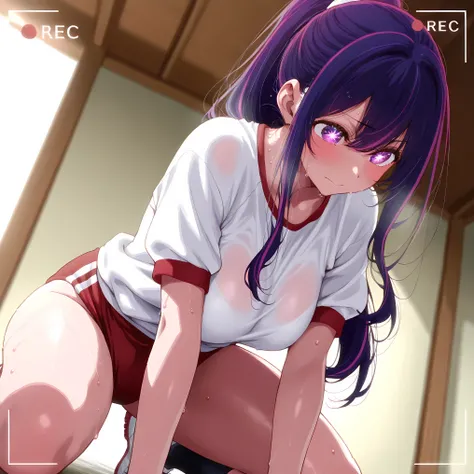 masterpiece、ighly detailed、1 girl、busty、purple color  hair、ponytail hair、habit 、recording、clothes 、track 、sweat 、8K、hoshino ai、red buruma,​ kneeling, low angle