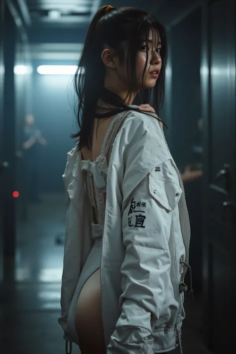 (((Inside a dark spaceship:2.0))),(((HR Gigger Style Cyberpunk Atmosphere:2.0))),((Side view from back:2.0)),Side pose,((look back at camera:2.0)),((looking back over the shoulder:2.0)),back view,one woman,(cute faces getting creampied:1.7),(Beautiful well...