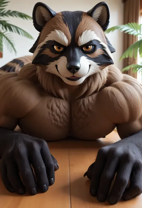 score _9, score _8_Up, score _7_Up, masterpiece, best quality, amazing quality, high quality, RAW photo, semi realistic, full body. (furry), 1boy, (Huge Adult Male muscular bara Procyonids Raccoon Rufus from Fortnite), (Grey and Black Fur Body), Rufus Grey...