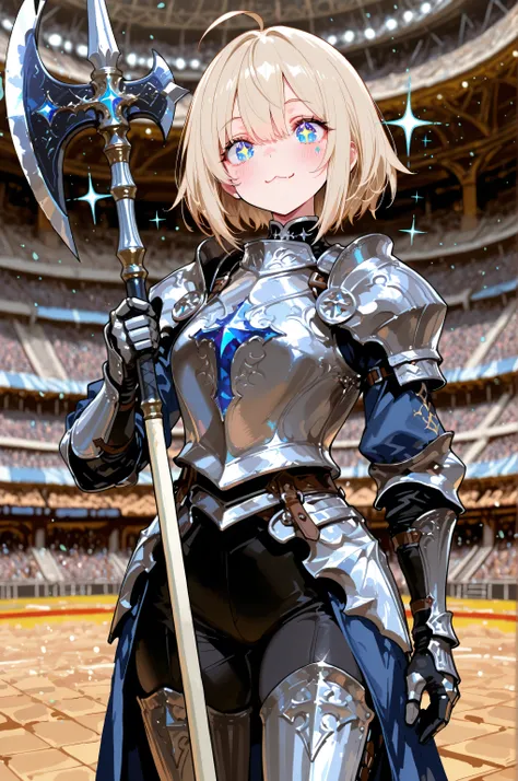 748cmstyle, holding axe, holding weapon, masterpiece, best quality, amazing quality, very aesthetic, absurdres, newest, highres, depth of field, very awa, 1girl, solo, knight, ahoge, :3, silly, short hair, best eyes, high quality eyes, majestic eyes, good ...