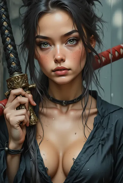 masterpiece, 8k resolution, ultra detailed, pastel color palette, beige skin surface. a sexy woman with a focused expression, holding a katana. Her hair is styled in a messy bun, and she has light skin with freckles. She is wearing only a dark, revealing ...