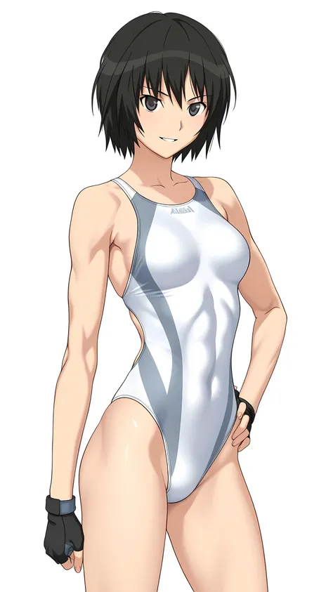amagamiai, nanasaki ai, black hair, short hair, black eyes, medium breasts,, solo, (white competition swimsuit, black fingerless gloves), serious grin, (toned slender body, slim waist), looking at viewer, extremely detailed eyes and face, hand on hip, focu...