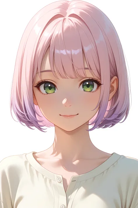 portrait of a beautiful young Japanese woman, bright light pink bob cut hair with pastel purple tips, subtle loose natural waves, subtle big emerald green eyes with a gentle and thoughtful expression, soft natural skin texture, wearing a simple casual top ...
