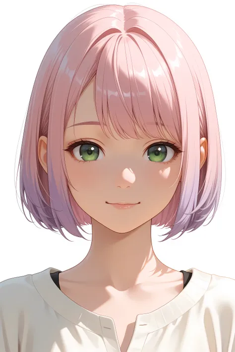 portrait of a beautiful young Japanese woman, bright light pink bob cut hair with pastel purple tips, subtle loose natural waves, subtle big emerald green eyes with a gentle and thoughtful expression, soft natural skin texture, wearing a simple casual top ...