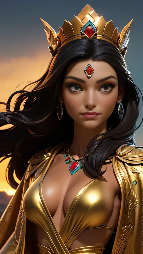 RAW digital art, ultra-realistic 3D render of a stunning woman resembling Native American Woman, Pocahontas, Close-Up portrait, ((young woman)), ((highly detailed face:1.3)), ((perfectly portioned body, perfect female figure, skinny, slim, narrow hips:1.3)...