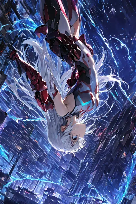 masterpiece, high resolution, an anime girl, armored girl, cute face, detailed face, very long hair, white hair, blue eyes, from below, low angle, from side, profile, skydiving, upside-down, dynamic angle, dynamic action, ((falling down a skyscraper)), fly...