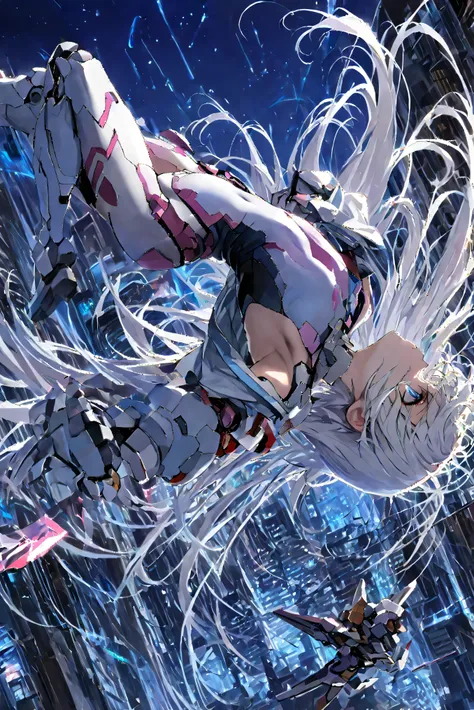 masterpiece, high resolution, an anime girl, armored girl, cute face, detailed face, very long hair, white hair, blue eyes, from below, low angle, from side, profile, skydiving, upside-down, dynamic angle, dynamic action, ((falling down a skyscraper)), fly...