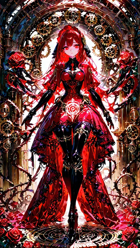 Cute, 748cmstyle, (masterpiece:1.3, best quality, ultra detailed), (beautiful detailed eyes:1.2), ((1 beautiful cute girl)), solo, **clockwork rose maiden**, **a delicate antique doll-like girl with parts of her body made of polished brass and intricate ge...