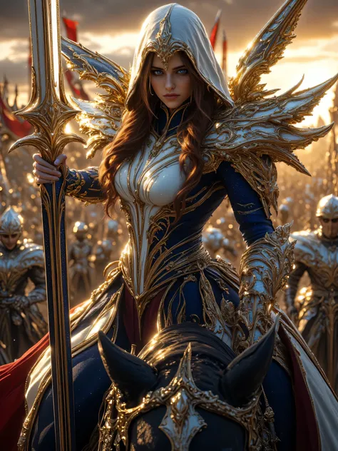 A fierce female warrior of Caucasian descent, around 25 years old, with long, auburn hair cascading down her shoulders, and striking blue eyes, is depicted amidst a chaotic battlefield scene. She is clad in intricately detailed, ornate armor crafted from a...