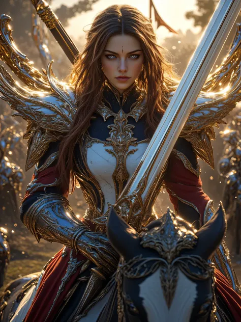 A fierce Caucasian female warrior, approximately 25 years old, with long reddish-brown hair falling down her shoulders, bright blue eyes, appears in the midst of a chaotic battlefield scene. She wears elaborate armor, decorated with gold leaf and aged iron...