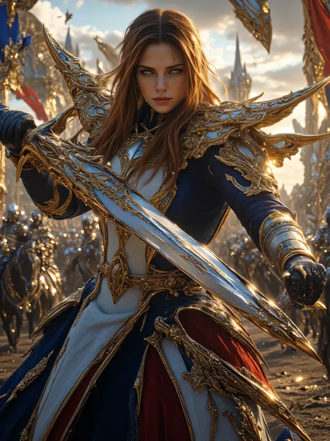A fierce Caucasian female warrior, approximately 25 years old, with long reddish-brown hair falling down her shoulders, bright blue eyes, appears in the midst of a chaotic battlefield scene. She wears elaborate armor, decorated with gold leaf and aged iron...