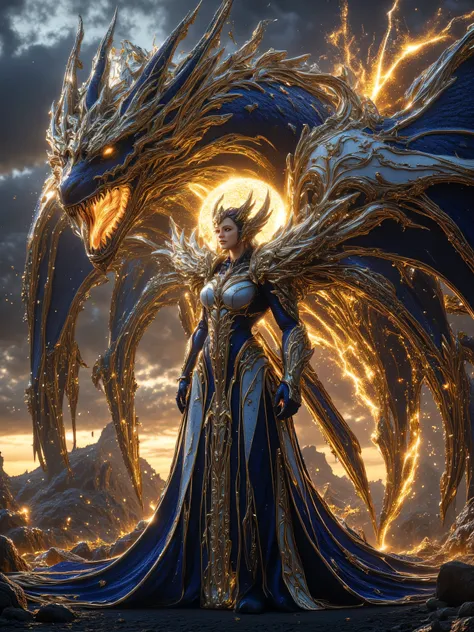 Generate an image of a dragon Queen facing the viewer , A fierce Dragon behind her breathing fire