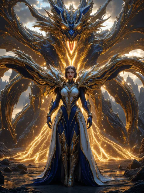 Generate an image of a dragon Queen facing the viewer , A fierce Dragon behind her breathing fire