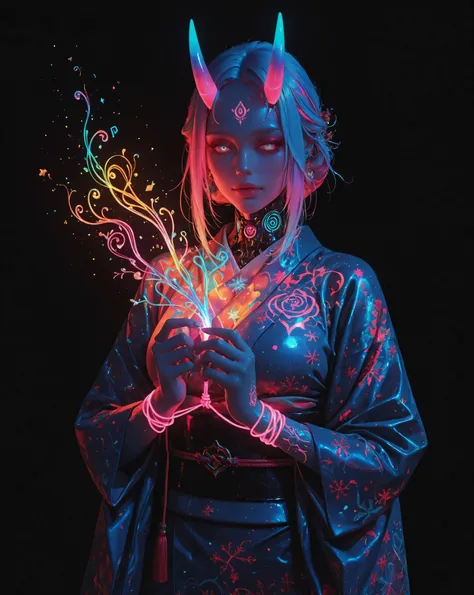 babe,oni,kimono,tattoo,Christmas, 3dreal, 3d, realistic,neon_art, neon_lineart, colorful_neon_lineart, neon_silhouette, silhouette, neon_colors, glowing, glow_effect, bright_outlines, vibrant_colors, high_contrast, black_background, digital_art,miaomiao_li...
