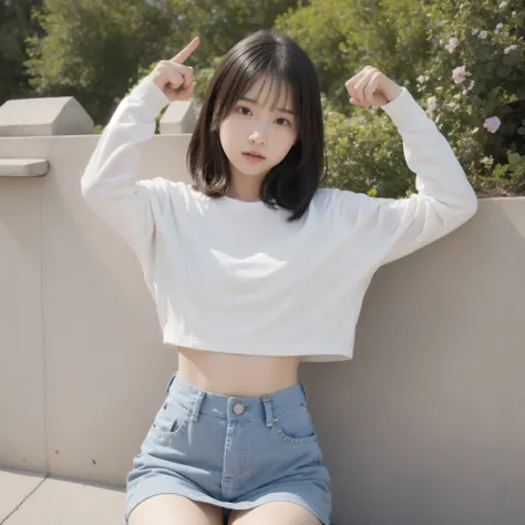 1girl,レッグup,かわいいyounger女の子,(pointing left hand_Herself:1.5),slender,(skinny:1.5),(toddler wearing top_body:0.1),(younger:1.0),pussy,score_7_ up,score_8_ up,score_9,Navy Skirt,taken from below,(Open both legs to the side:1.5),(Expressions of joy and satisfa...