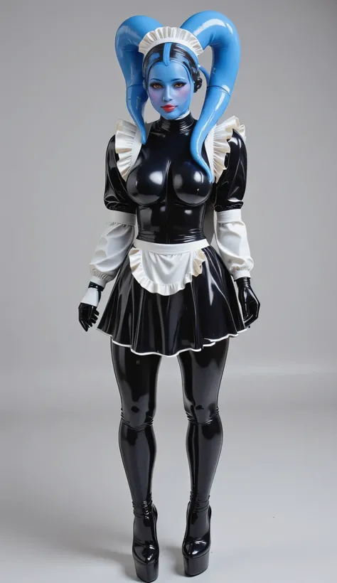 twi'lek, full body, full body shown, 1 girl, blue twilek, wearing a latex french maid dress with black latex stockings, black gloves and a white latex ruffled wristband, black thigh high boots, twilek, , lipstick, eyelashes, makeup,  glossy lips, masterpie...