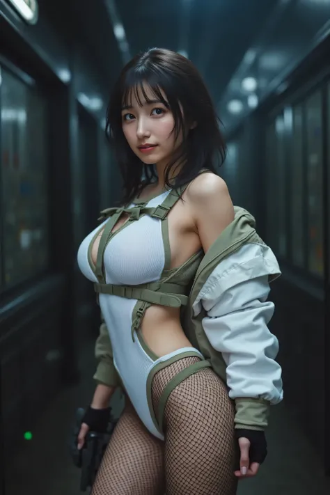 (((Inside a dark spaceship:2.0))),(((HR Gigger Style Cyberpunk Atmosphere:2.0))),((Side view from back:2.0)),Side pose,((look back at camera:2.0)),((looking back over the shoulder:2.0)),back view,one woman,(cute faces getting creampied:1.7),(Beautiful well...