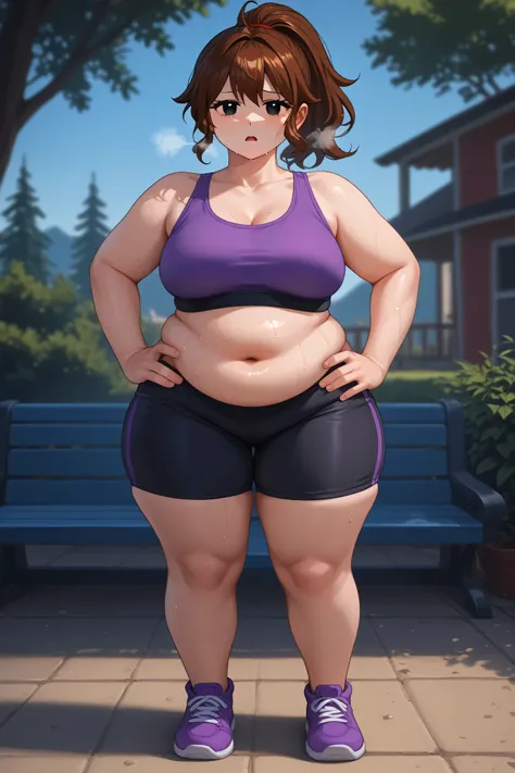 score_9, score_8_up, score_7_up, source_anime, 1girl, girlfriend \(friday night funkin'\), black eyes,  brown hair, black eyes, purple sports bra, black yoga shorts, ponytail, looking at viewer, detailed background, outdoors, purple shoes, open mouth, swea...