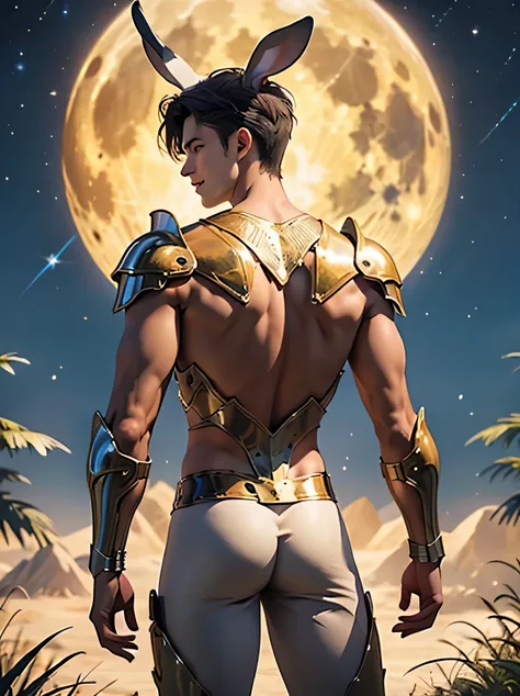 Handsome guy with rabbit ears　 Man Two 　short hair　dark haired　　　full nude　　Wear Rabbit-Eared Helmets　upper body armor only　2 men line up with a smile　　lower body nude and t-back armor　　oversized full moon and starry sky　　　　　Metal T-back　 　Take a look at y...